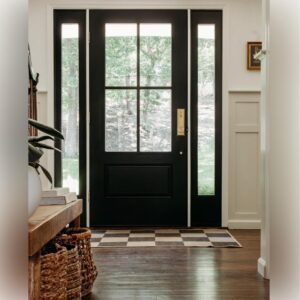 Fiberglass Black Entry Door with a decorative 4 Lite pattern in the glass panel